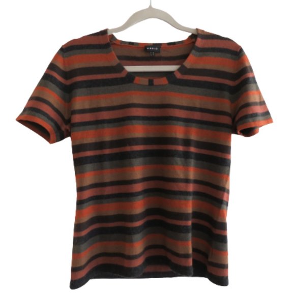 Akris Tops - AKRIS Cashmere Silk Blend Orange Brown Stripe Crew Neck Top - Size US 10